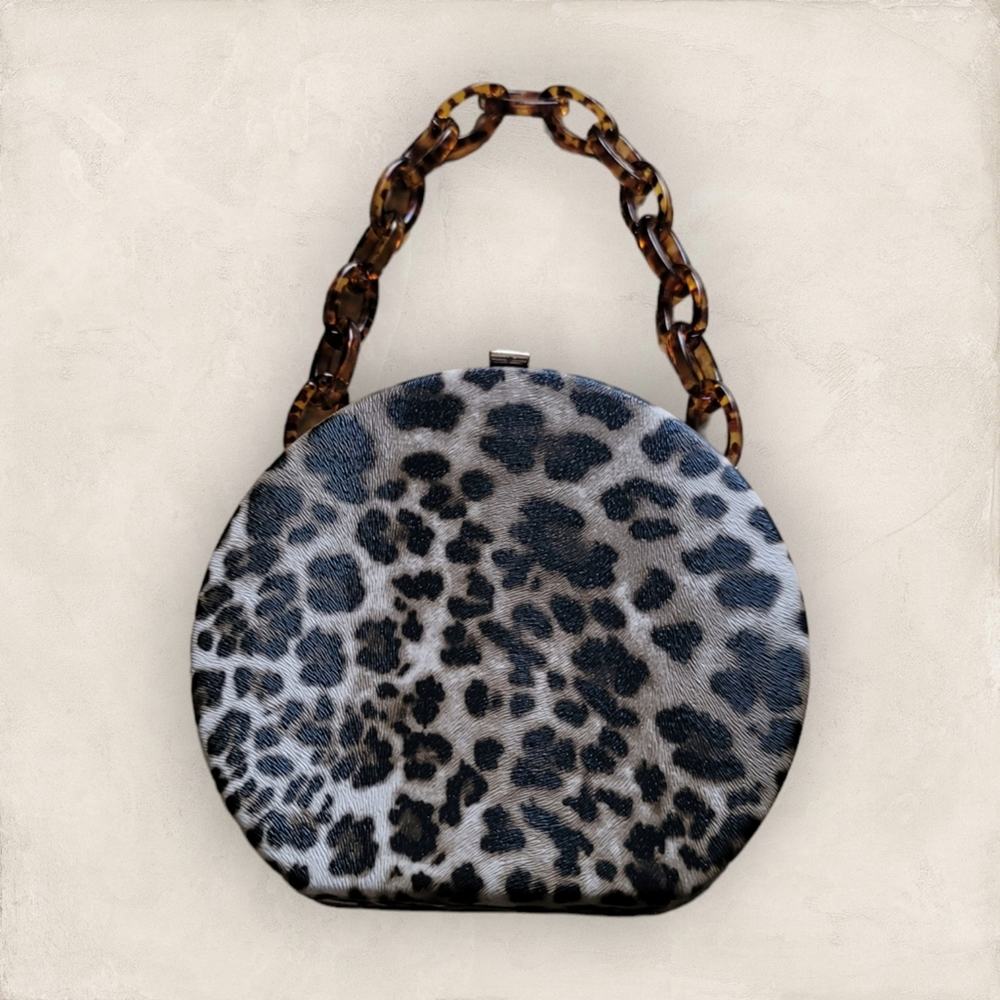 Leopard Print Fashion Round Hand Purse with Brown Acrylic Removal Link Chain